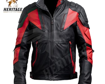 Chaqueta de motociclista de piel de vaca roja y negra hecha a mano: chaqueta de cosplay