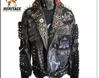 Mens Leather Jacket, Studded Punk Rock Design in Sheepskin