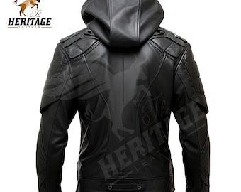 May include: A black leather jacket with a hood, featuring structured shoulder panels, ribbed cuffs, and a bottom hem strap with metal hardware. The back displays a subtle embossed bull logo and the text The Heritage Leather.
