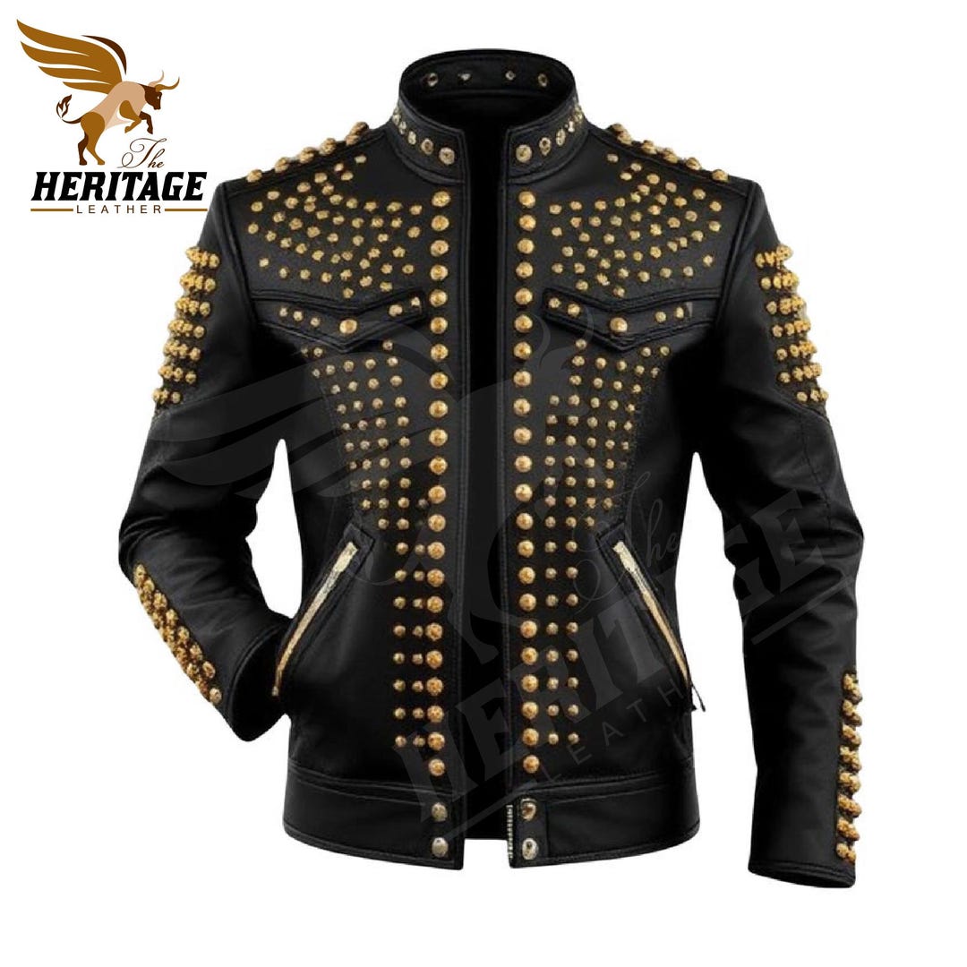 Mens Gold Studded Leather Jacket: Punk Rocker Motorcycle Jacket - Etsy