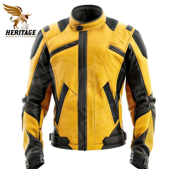 Handmade Yellow & Black Cowhide Leather Motorcycle Jacket: Slim