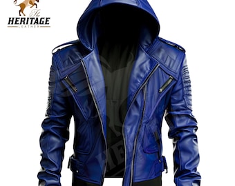 May include: A vibrant blue leather jacket featuring a hood, a full-length front zipper, and black ribbed cuffs. The jacket includes shoulder epaulets, zippered chest pockets, and a belted waist detail, with a logo reading The Heritage Leather.
