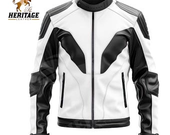 Biker Jacket in Black and White Leather, Stand Collar and YKK Zipper