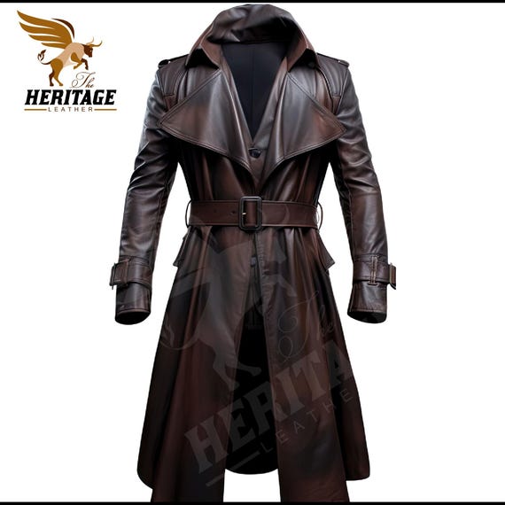 メンズブラウンレザートレンチコート：本牛革バイカーバイクジャケット