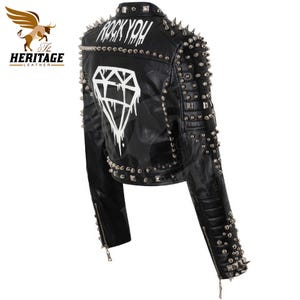 Women Silver Studded Leather Jacket Punk Jacket Motorcycle Jacket Studded Long Spikes Brando Belted Rocker Jacket Gothic Rock