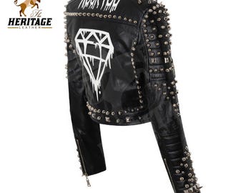 Women's Studded Cowhide Leather Biker Jacket - Gothic Punk Rock