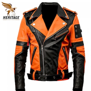 Men Orange Black Leather Jacket Genuine men Leather Jacket real Sheepskin/cowhide biker jacket Motorcycle Jacket handmade cosplay jacket