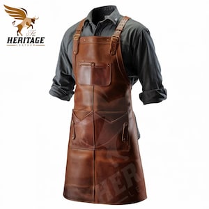 Könnte beinhalten: Eine braune Lederschürze mit verstellbaren Trägern und einer großen Tasche. Die Schürze trägt das Logo "The Heritage Leather" auf der Vorderseite.