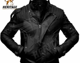Mens Leather Jacket in Black, Cowhide Biker Style with YKK Zipper