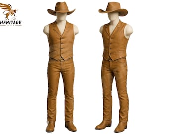 Men's Tan Cowhide Leather Cowboy Costume: Vest and Pants Set