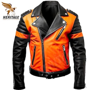 Men Leather Jacket Orange Black Genuine men Leather Jacket real Sheepskin/cowhide biker jacket Motorcycle Jacket handmade cosplay jacket