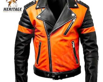 May include: A motorcycle jacket in bright orange and black leather featuring a wide notched collar, silver-tone metal zippers, quilted shoulder panels, and a buckled waist belt. The logo The Heritage Leather is visible in the top left corner.