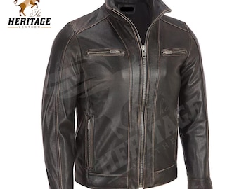 May include: A dark brown leather jacket featuring a stand-up collar, a full-length front zipper, and two horizontal zippered chest pockets. The jacket includes two vertical zippered side pockets and long sleeves with cuffs, showcasing a distressed finish.