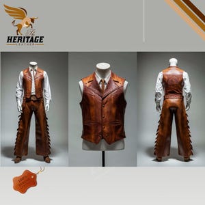 Brązowy męski strój kowboja w stylu western. Strój kowbojski w stylu western. Kamizelka skórzana w stylu vintage i sznurowane czapsy.