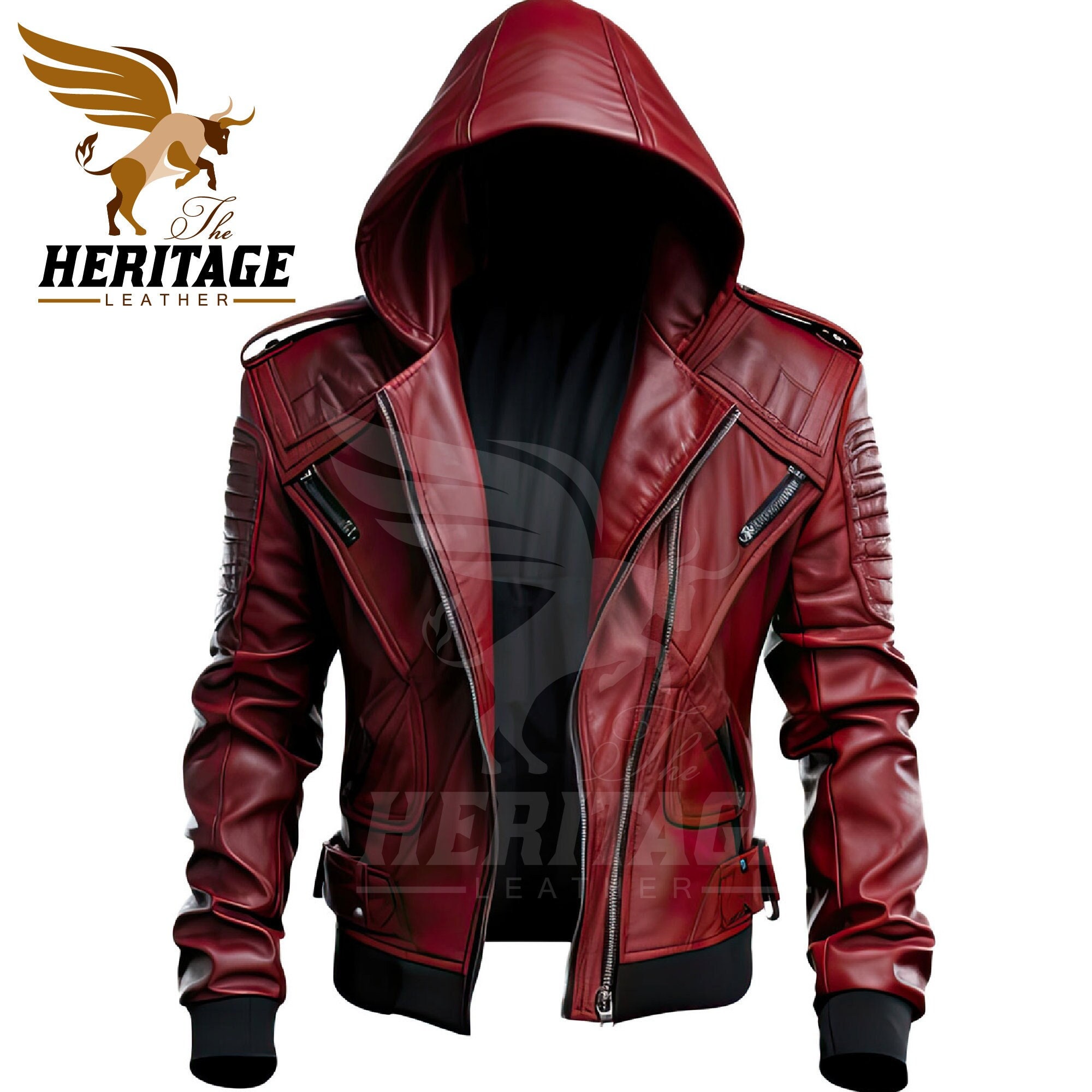 Red Cowhide Leather Biker Jacket: Men's Hooded Motorcycle