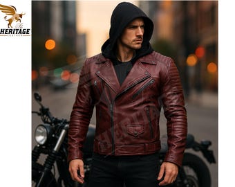 Burgundy Cowhide Leather Biker Jacket: Quilted Moto Cafe Racer
