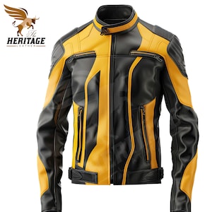 Men Leather Jacket Yellow Black Bike Genuine men Leather Jacket real Sheepskin biker jacket Motorcycle Jacket handmade cosplay jacket