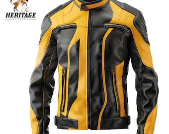 May include: A black and yellow leather motorcycle jacket with a zipper closure and multiple pockets.
