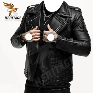 Men&#39;s Studded Black Leather Biker Jacket: Handmade Cowhide Motorcycle Jacket