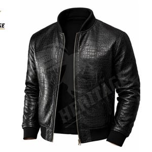 Distressed Black Croc Leder Bomberjacke Herren Luxus Krokodil Geprägte Lederjacke Vintage Handmade Streetwear Mantel