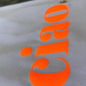 Op de afbeelding: Een lichtgrijs T-shirt met het woord "GIGO" bedrukt in fel oranje.