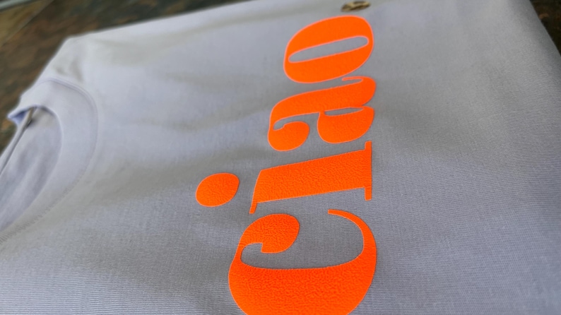 Op de afbeelding: Een lichtgrijs T-shirt met het woord "GIGO" bedrukt in fel oranje.