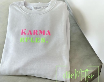Statement women's sweatshirt in lilac pastel with pink/green "Karma rules", women's pullover in lavender neon, oversized women's hoodie in neon, Karma pullover
