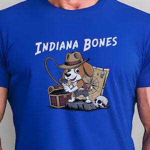 Divertida camiseta de parodia de perro de Indiana Bones, camiseta de fanático de la película Indiana Jones, camiseta unisex, diseño de mapa del tesoro, regalo para amantes de los perros, regalo de aventura