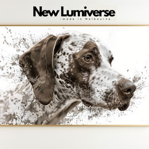May include: A close-up of a brown and white dog's head with a splash of gray paint behind it. The dog is looking to the right of the image.