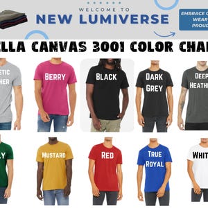 May include: Color chart for Bella Canvas 3001 t-shirts. The chart shows 10 different colors of t-shirts, including Athletic Heather, Berry, Black, Dark Grey, Deep Heather, Kelly, Mustard, Red, True Royal, and White.
