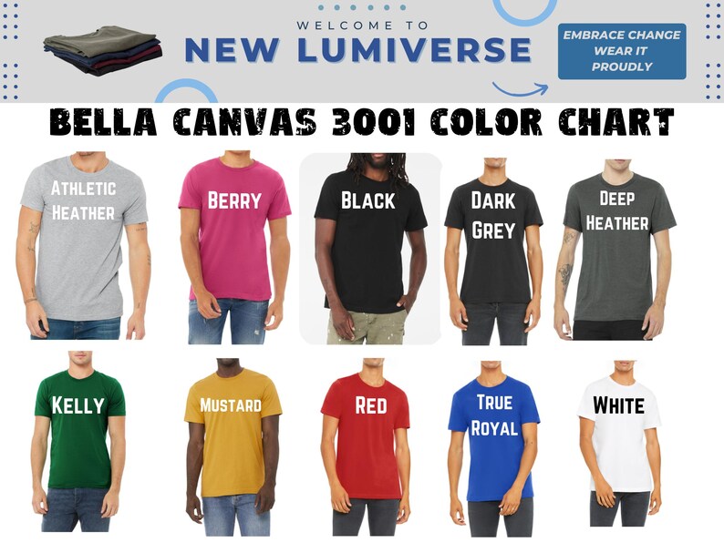 May include: Color chart for Bella Canvas 3001 t-shirts. The chart shows 10 different colors of t-shirts, including Athletic Heather, Berry, Black, Dark Grey, Deep Heather, Kelly, Mustard, Red, True Royal, and White.