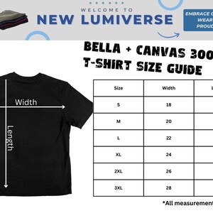 May include: A black t-shirt with a size chart showing width and length measurements in inches for sizes S through 3XL. The chart is titled "Bella + Canvas 3001 T-Shirt Size Guide".