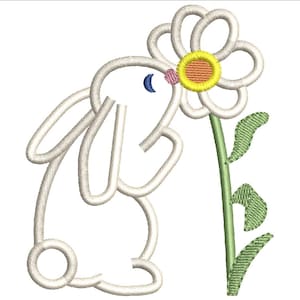 Può includere: Un coniglio bianco con gli occhi blu sta annusando una margherita bianca con un centro giallo e foglie verdi.