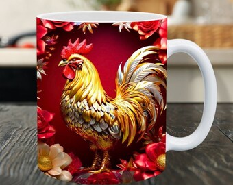 3D Floral Rooster Mug Wrap PNG, Vintage Chicken Coffee Mug Design, 11oz 15oz Sublimation Digital Download