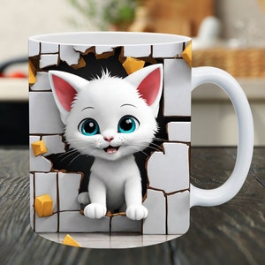 3D Cute Kitten Hole In A Wall Mug Wrap, 11oz & 15oz Mug Template, Mug Sublimation PNG Design, Cat Mug Wrap Template,Instant Digital Download