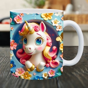 3D Floral Rainbow Unicorn Mug Wrap PNG — 11oz & 15oz Sublimation Design — Instant Digital Download — cute Unicorn in a hole on a floral wall