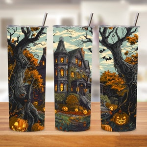 Spooky Haunted House 20oz Skinny Tumbler Wrap, Fall Sublimation Design, Digital Download, Halloween Crafts