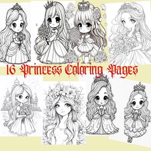 Cute Princess Coloring Pages For Kids, 16 Coloring Pages, Princess Coloring Sheets, Princess Coloring Book, Girl Colouring Pages, 8.5x11&quot;