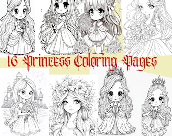 Princess Coloring Pages, Chibi Style, 16 Page Set (Digital Download)