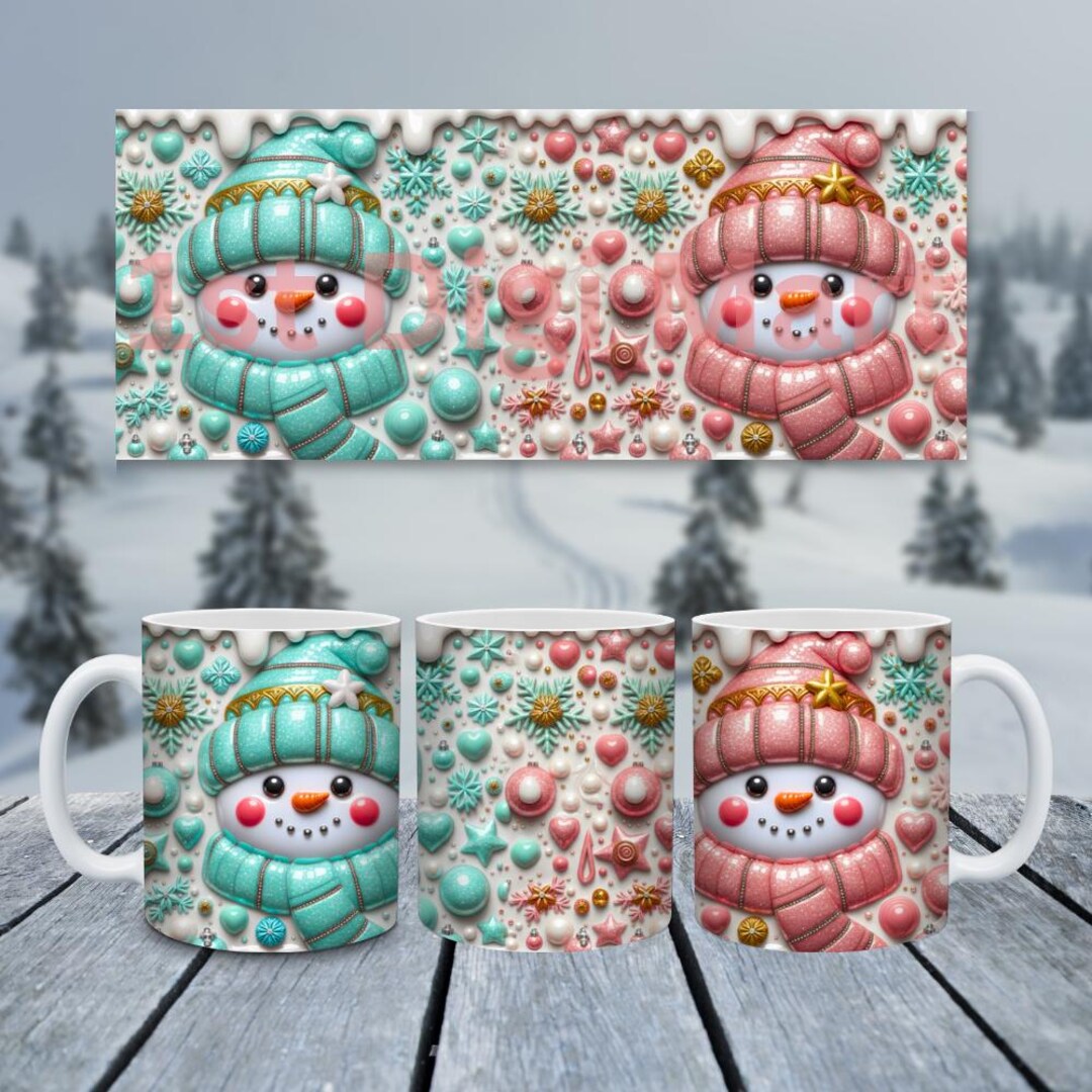 Pink 3D Snowman Mug Wrap PNG | Inflated Christmas Sublimation Design ...