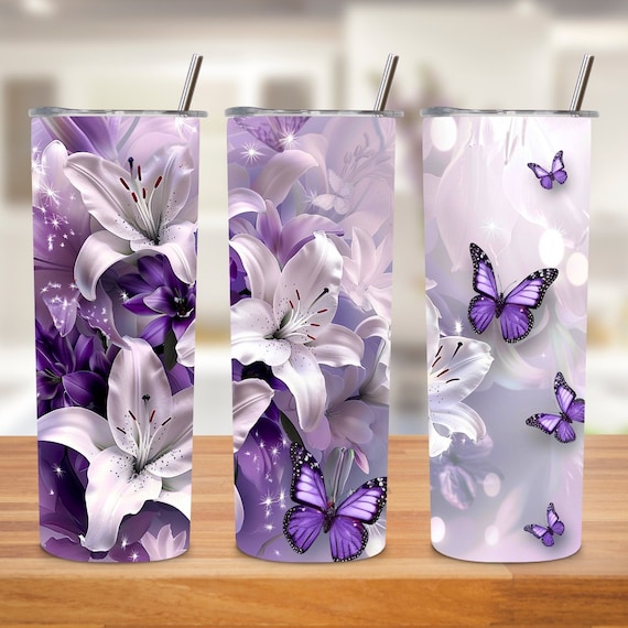3D Purple Flowers Butterfly Tumbler Wrap, Digital Download PNG, Straight Skinny Tumbler Wrap, 20oz Sublimation Skinny Floral Tumbler Designs