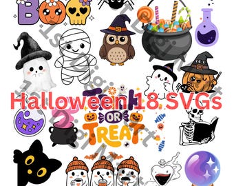 Kawaii Halloween Ghost Clipart Bundle – 18 Spooky PNGs, SVGs (Digital Download)