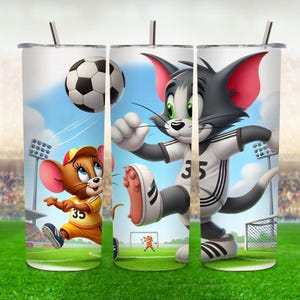 Tom & Jerry Football Lovers Tumbler, 90s Cartoon Characters Tumbler PNG, 20 oz Skinny Tumbler Wrap, Cartoon Sublimation Design, Digital File