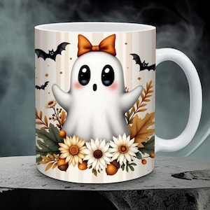 Spooky Ghost 11oz & 15oz Mug Wrap PNG – Halloween Cute Floral Ghost Sublimation Template – Instant Digital Download