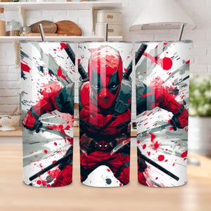 Deadpool Cartoon Attacking Style Superhero tumbler wrap, 20 oz tumbler sublimation designs, best selling tumbler wraps PNG