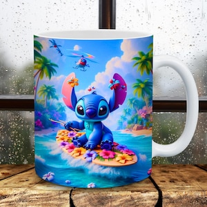 3D Cute Stitch on Blumen Boot Becherverpackung, 3D Becherverpackung Sublimationsdesign PNG, Becher 11 Unze und 15 Unze Cartoon Becherverpackung, sofortiger digitaler Download