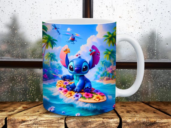 3D Cute Stitch on Flowers Boat Mug Wrap, 3D Mug Wrap Sublimation Design PNG, Mug 11oz and 15oz Cartoon Mug Wrap, Instant Digital Download