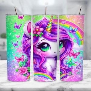 Anime Rainbow Unicorn Tumbler for Kids. Rainbow Horse Sublimation Wrap for Girls, Cute Pink Unicorn Tumbler Design, 20oz Skinny Tumbler Wrap