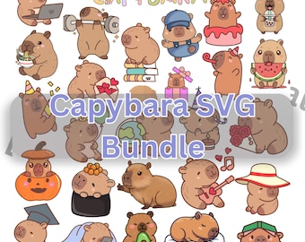 Paquete SVG de capibara adorable: descarga digital instantánea para Cricut y Silhouette, imágenes PNG de animales kawaii y paquete de pegatinas digitales.