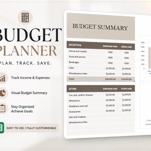 May include: A digital budget planner with the title "Budget Planner" in a stylish font. The planner includes sections for tracking income, expenses, and a visual budget summary. It also features a section for wedding expenses.